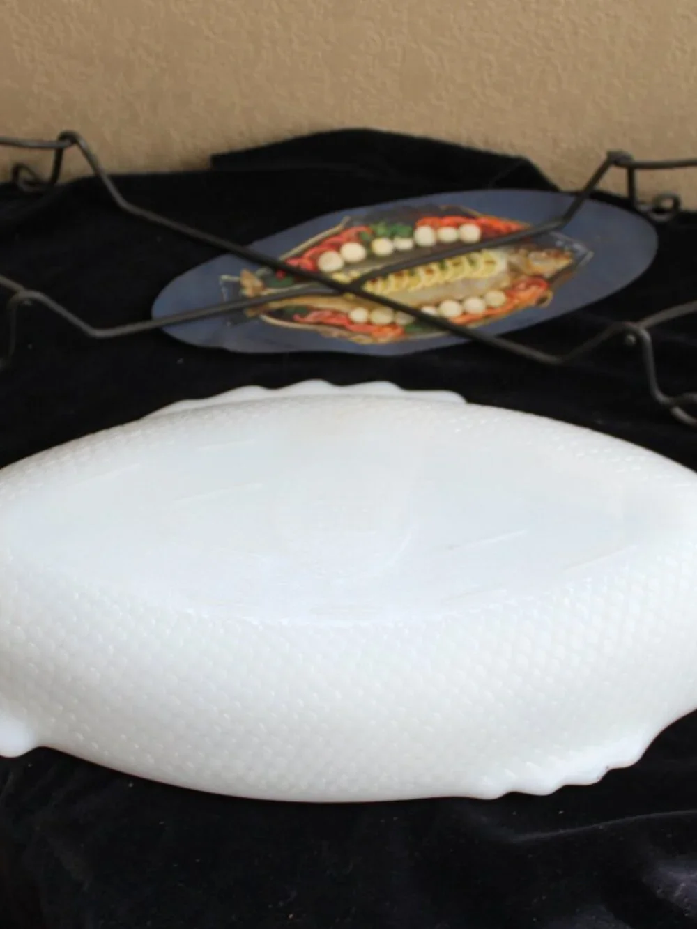 Vintage GlasBake Milk Glass White Fish Serving Dish With Iron Rack MCM